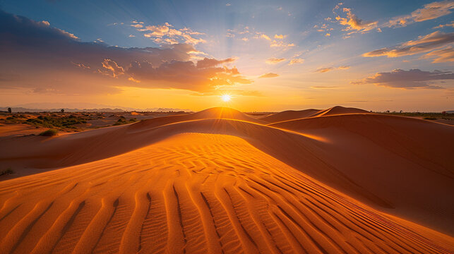 Golden sunset over the red sand dunes, Mui Ne, Vietnam, warm tones, rippling patterns