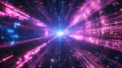 Fototapeta premium Neon Digital Tunnel: A Journey Through Cyberspace