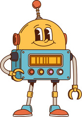 Robot and android groovy cute character. Chatbot bot vintage cheerful character, AI virtual assistant humanoid android isolated vector groovy cute mascot. Alien droid with antenna retro personage