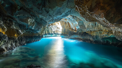 Long-exposure shot of the Blue Grotto, Malta, glowing blue waters, mystical cave reflections
