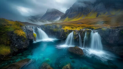 Fototapeta premium Long-exposure shot of the Fairy Pools, Isle of Skye, Scotland, crystal-clear water