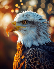 Fototapeta premium Patriotic American USA Animal, majestic patriotic American Eagle Bird, American flag, red blue and white, stars and stripes, America colours, fireworks, Festive Independence Day Concept, Memorial