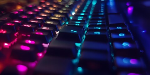 Obraz premium Gaming Keyboard: A close-up shot of a gaming keyboard, with keys illuminated in vibrant RGB colors, showcasing its modern design and technological sophistication.