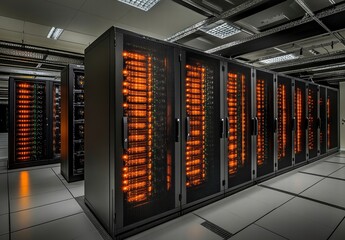 Modern Data Center with Server Racks and Illuminated Components