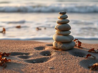 Serene Beach Scene with Balanced Stones Reflecting Brand Positioning and Tranquility