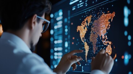 Man Interacting with Digital World Map on a Touchscreen Interface