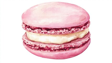 Watercolor Painting of a Pink Macaron with Cream Filling