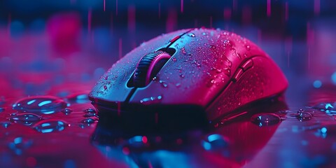 Rain-Kissed Tech: A sleek computer mouse is glistening, catching the cool ambiance of the rain in an artistic capture.