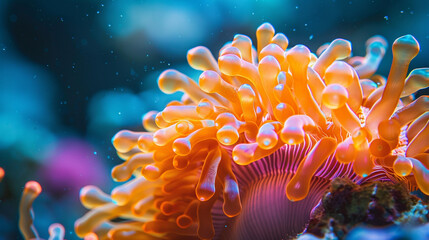 Fototapeta premium Macro shot of vibrant coral polyps underwater, natural bioluminescence