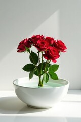 Fototapeta premium A cluster of vibrant red roses, elegantly arranged in a pristine white bowl filled with refreshing water, bathed in soft sunlight.