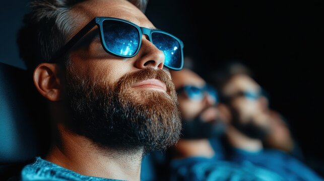 A focused viewer sports sunglasses while enjoying the captivating atmosphere of a cinematic experience, reflecting the allure and excitement of movie engagement.