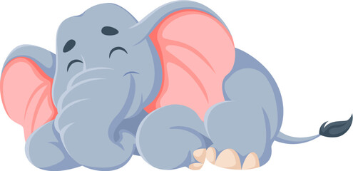 Cartoon funny elephant character peacefully sleeping with a smile on its face. Isolated vector cute adorable baby elephant with relaxed pose and happy expression create a warm and comforting mood