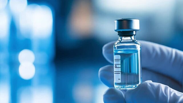 Vaccine Vial in Hand: A close-up shot showcases a clear vaccine vial held delicately by a gloved hand, signifying scientific progress and medical breakthroughs.