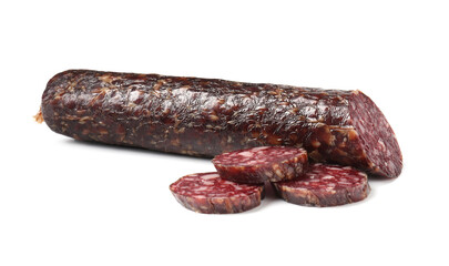 Delicious dry cured sausage isolated on white