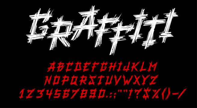 Dirt graffiti font, street cyberpunk type, rock music typeface, grunge english alphabet vector typography. Paint brush stroke letters and numbers with rough texture. Street art graffiti font alphabet