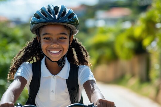 Smiling girl biking, wearing helmet & backpack. Illustrates safe cycling practices for kids, ideal for school, safety, and children's themes. - Powered by Adobe