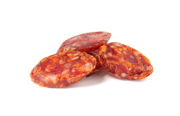 Pieces of delicious dry cured sausage isolated on white