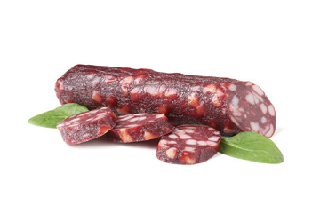 Delicious dry cured sausage and spinach isolated on white