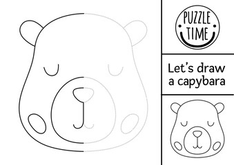Complete the capybara. Vector capibara symmetrical drawing and tracing practice worksheet. Printable black and white activity for kids. Copy the picture coloring page with cute animal head