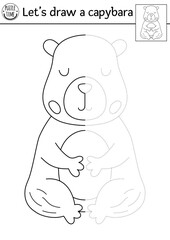 Complete the capybara. Vector capibara symmetrical drawing and tracing practice worksheet. Printable black and white activity for kids. Copy the picture coloring page with cute meditating animal