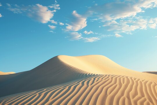 Close-up of sunlit sand dunes on a beach with ocean waves in the background. Low-angle view of sparkling sand grains under a clear blue sky. Summer vacation and coastal nature concept