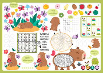 Vector capybara placemat for children. Capibara printable activity mat with maze, word search puzzle, shadow match, find difference. Cute relaxing animal play mat, menu, kids magazine spreadsheet