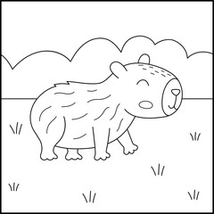 Vector black and white capybara landscape illustration. Cute square scenery with capibara in the wild. Funny line scene, coloring page with animal and simple nature background