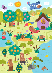 Vector capybara landscape illustration. Cute scenery with capibara, pond, car, house, plane. Funny detailed scene with adorable animals swimming, relaxing, meditating. Happy land picture for kids