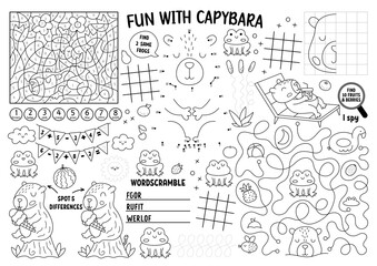 Vector capybara placemat for kids. Capibara printable activity mat with maze, tic tac toe charts, connect the dots, find difference. Cute relaxing animals black and white play mat or coloring page