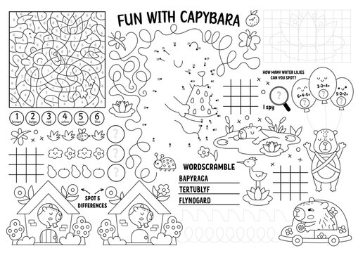 Vector capybara placemat for kids. Capibara printable activity mat with maze, tic tac toe charts, connect the dots, find difference. Cute relaxing animals black and white play mat or coloring page