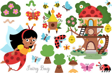 Vector fairy bug clipart set. Cute icons of little girl with wings. Woodland princess collection. Fantasy, fairytale forest illustration. Magic creature pack with butterfly, ladybird tree house, bee