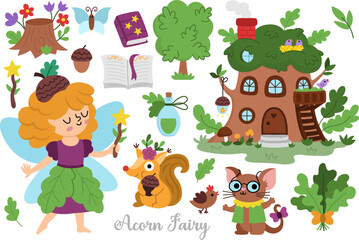 Vector acorn fairy clipart set. Cute icons of girl . Woodland princess collection. Fantasy, fairytale forest illustrations. Magic creature pack with butterfly, house, tree, spell book, animal