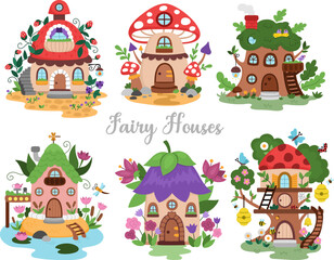 Fototapeta premium Vector fairy house clipart set. Woodland princess home icons collection. Fantasy forest cottages illustrations. Magic fairytale creature dwelling shaped as berry, flower, mushroom, treehouse