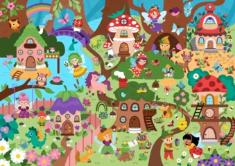 Vector fairyland background. Cute fairy land landscape. Woodland scenery with trees, treehouse, animals. Fantasy forest scene illustration. Fairytale world picture with princess, magic creatures