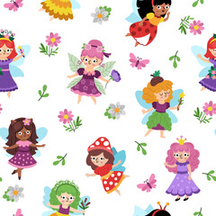 Naklejka premium Vector fairy seamless pattern. Cute repeat background with little girls with wings. Woodland princess digital paper. Fantasy forest, magic texture with acorn, mushroom, unicorn, fairytale creatures