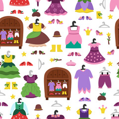 Vector fairy wardrobe seamless pattern. Cute repeat background with little girl dresses, shoes, hats, boots. Woodland princess clothes digital paper. Magic, fantasy fairytale fashion texture