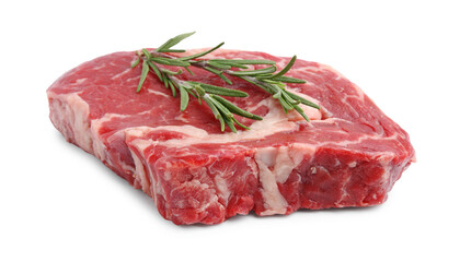 Piece of raw beef meat and rosemary isolated on white