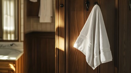 White Towel Hanging on Wooden Hook. Cozy Bathroom Interior