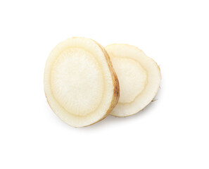 Cut fresh parsley root isolated on white, top view