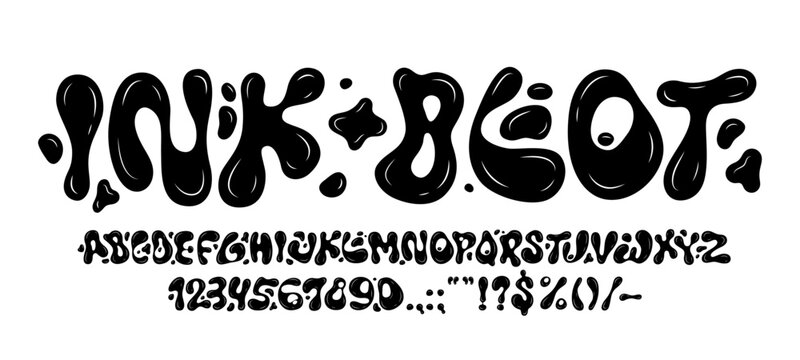Liquid black ink bubble font, y2k funky letters type, 3d wavy typeface, abstract english alphabet vector typography symbols. Black ink bubble font, wavy liquid type letters and numbers with paint blot