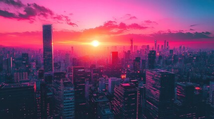Fototapeta premium Vibrant Cityscape Sunset: A breathtaking aerial view of a futuristic metropolis bathed in the warm glow of a setting sun