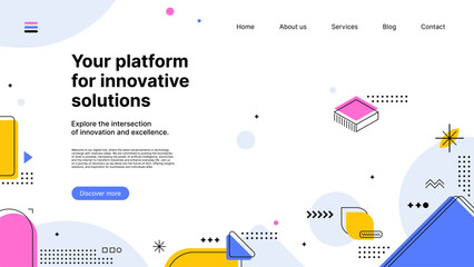 Abstract modern Memphis landing page with abstract shapes. Vector website template with geometric figures. Business web banner for user friendly online experience, official interface with menu bar