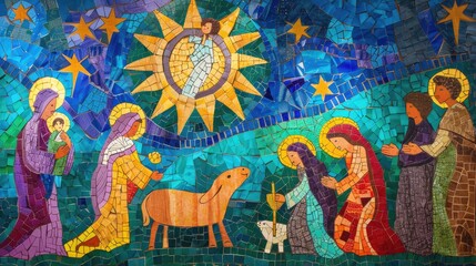 Fototapeta premium Vibrant Mosaic Depicting the Nativity Scene with Joyful Characters