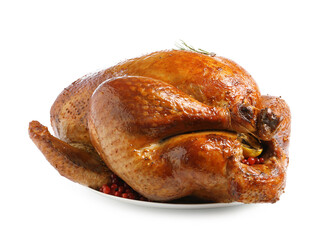 Whole baked turkey with cranberries and rosemary isolated on white