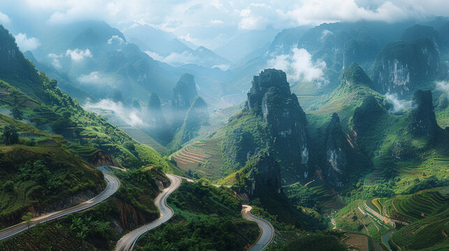 Towering karst formations at the Ha Giang Loop, Vietnam, lush valleys