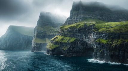 Towering sea cliffs of the Faroe Islands, Denmark, emerald green waters