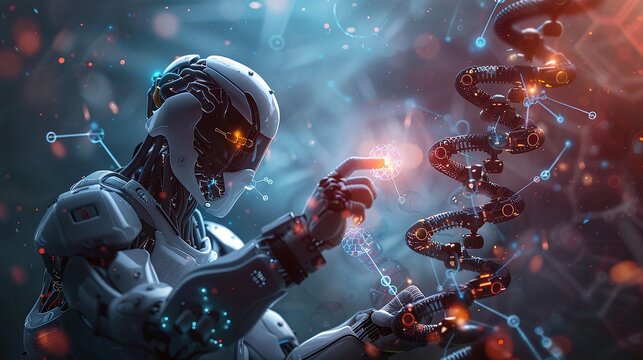 A futuristic cyborg figure manipulating and interacting with glowing ethereal cosmic energies and spheres in a surreal digitally rendered environment  The scene conveys a sense of advanced technology