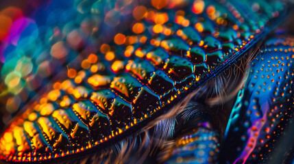 Ultra-close shot of an iridescent beetle exoskeleton, metallic reflections