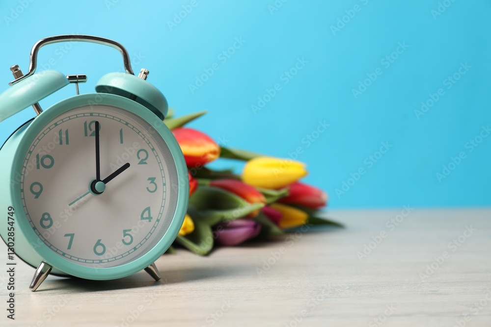 Poster spring time. alarm clock and beautiful tulips on wooden table against light blue background, space f