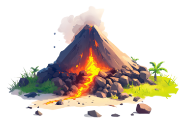 miniature volcano erupting, in the style of a cartoon, on a white background, in PNG